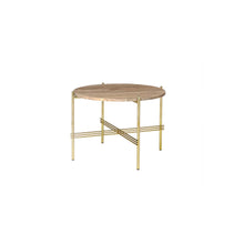 Load image into Gallery viewer, TS Table - Warm Taupe Travertine Marble Top with Brass Base