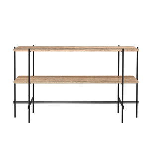 TS Console - Two Racks - Warm Taupe Travertine Top - Black Base
