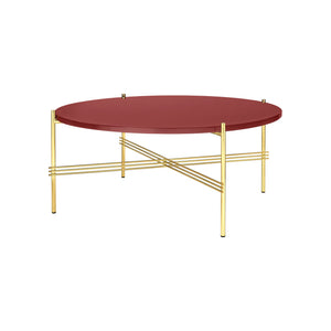 TS Table - Round - Rusty Red Glass Top with Brass Base